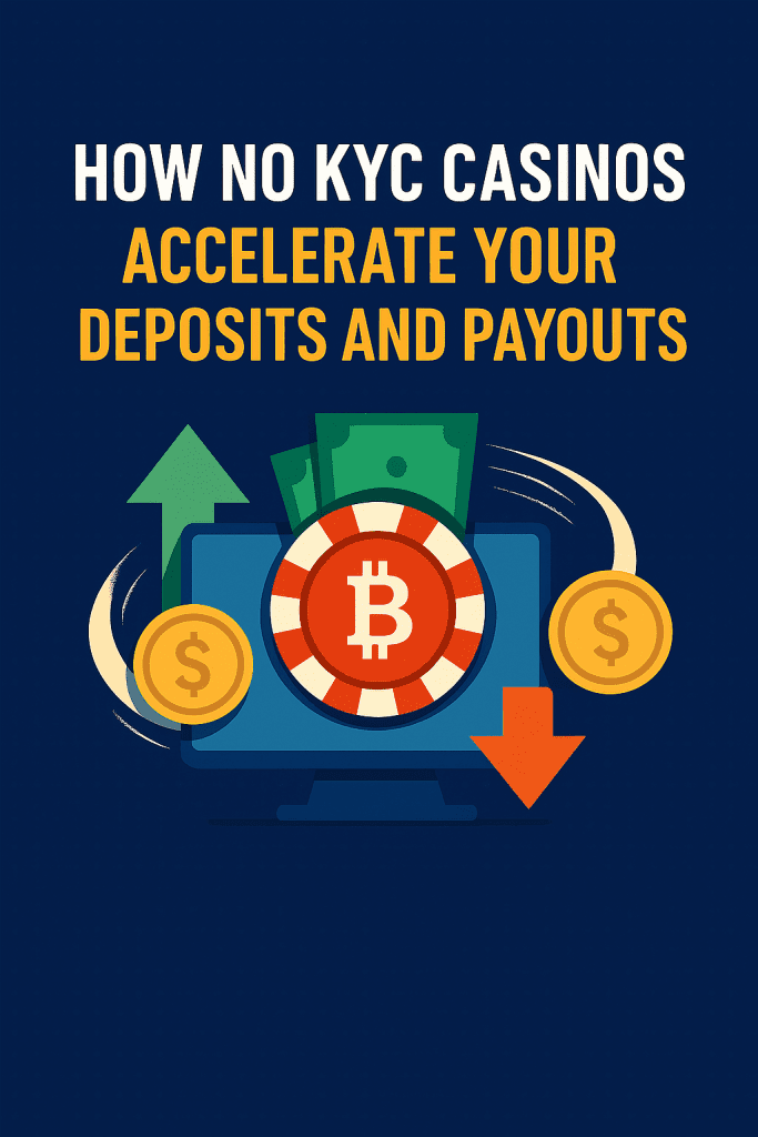 How No KYC Casinos accelerate your deposits and payouts, featuring a digital illustration with Bitcoin and fast transaction symbols.