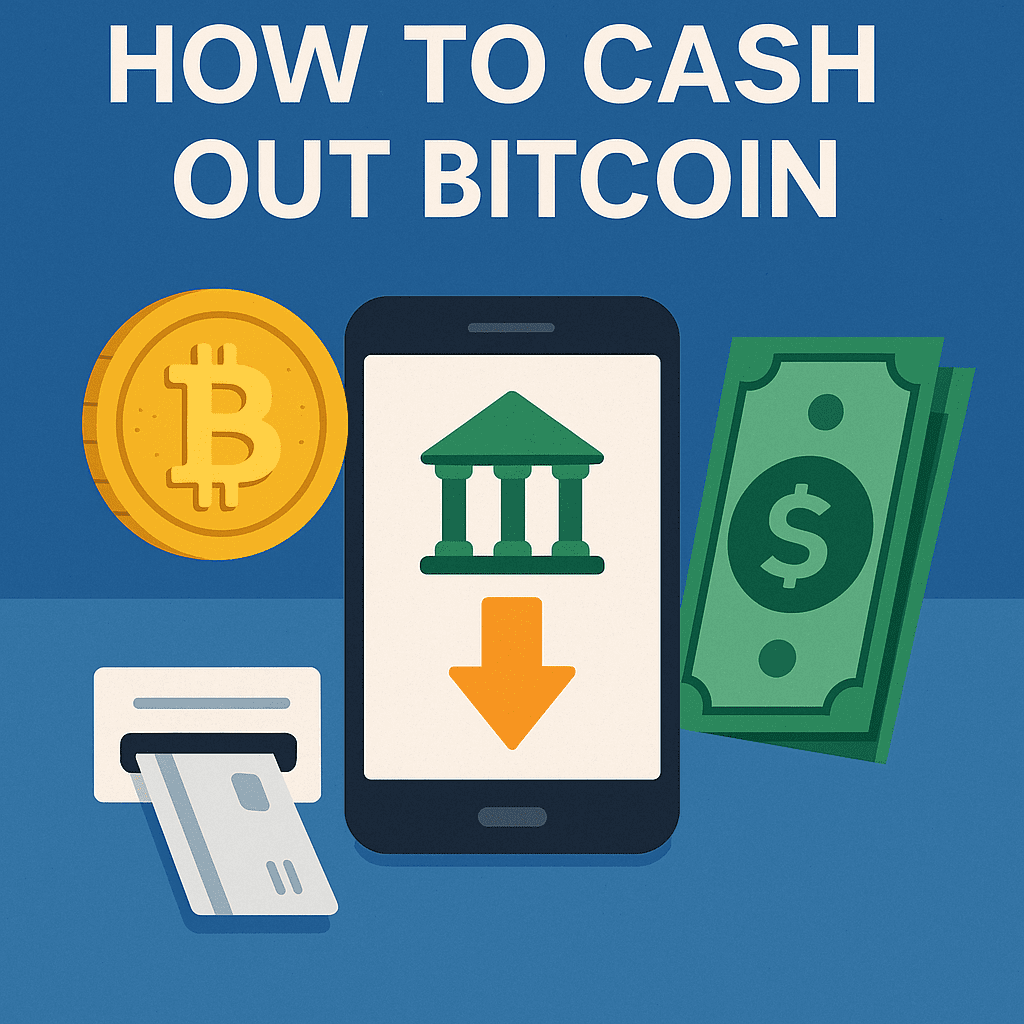 Illustration showing how to cash out Bitcoin using a phone, debit card, and bank transfer.